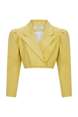 Femponiq Puff Shoulder Cropped Cotton Blazer (Mustard Yellow)