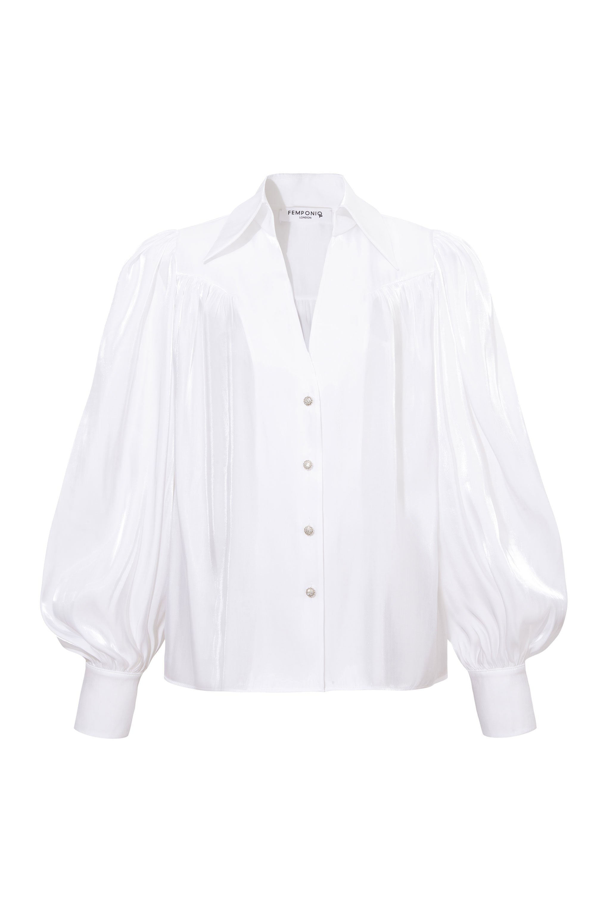 Femponiq Puff Sleeve V-Neck Gathered Shirt (Sheer White)