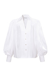 Femponiq Puff Sleeve V-Neck Gathered Shirt (Sheer White)