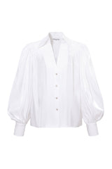 Femponiq Puff Sleeve V-Neck Gathered Shirt (Sheer White)