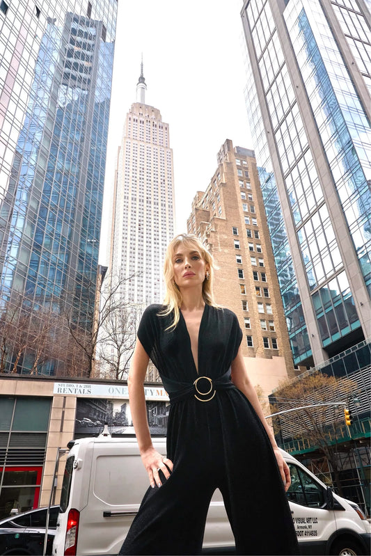 Colección Tansu New York Adjustable Glitter Belt Detailed Black Jumpsuit