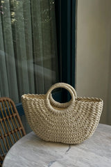 Loventa Large Strap Half-Moon Straw Bag Eshe Beige