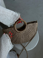 Loventa Large Strap Half-Moon Straw Bag Eshe Camel