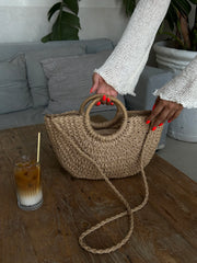Loventa Large Strap Half-Moon Straw Bag Eshe Camel