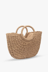 Loventa Large Strap Half-Moon Straw Bag Eshe Camel