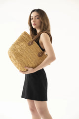 Loventa Zippered Straw Shoulder Bag Aten Camel