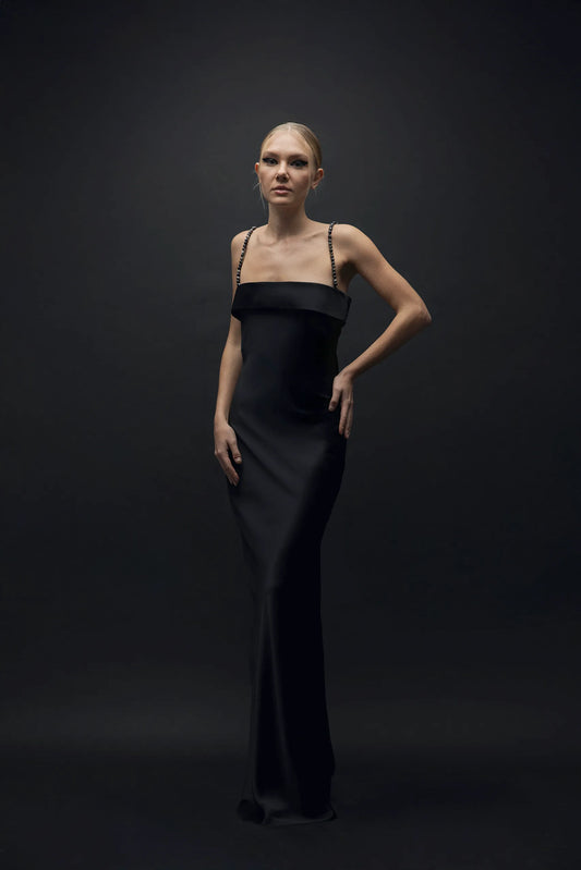 Esra Adıgüzel Lure - Black Satin Draped Long Dress with Natural Stone Detail on Straps