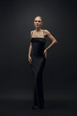 Esra Adıgüzel Lure - Black Satin Draped Long Dress with Natural Stone Detail on Straps