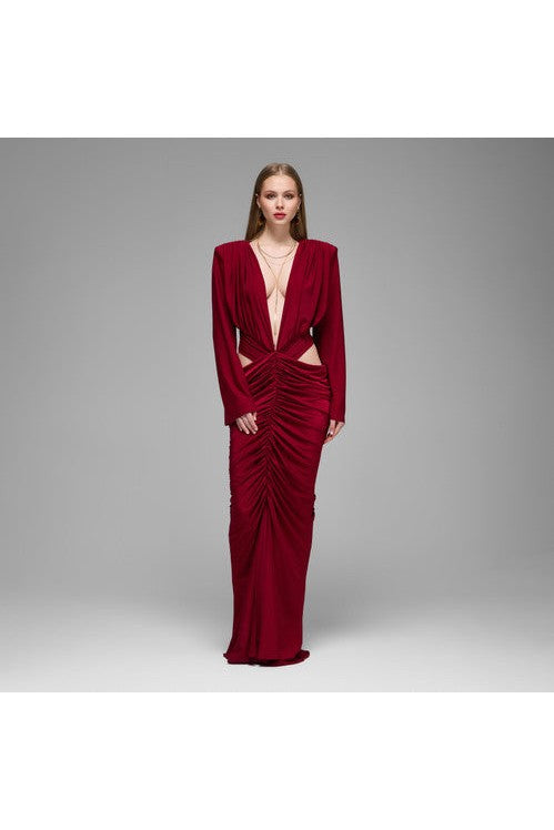 Studio Norn Embla Ruched & Cut-out Detailed Maxi Dress in Burgundy