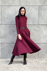 Crescent Line Rosette Midi Boy Elbise Bordo