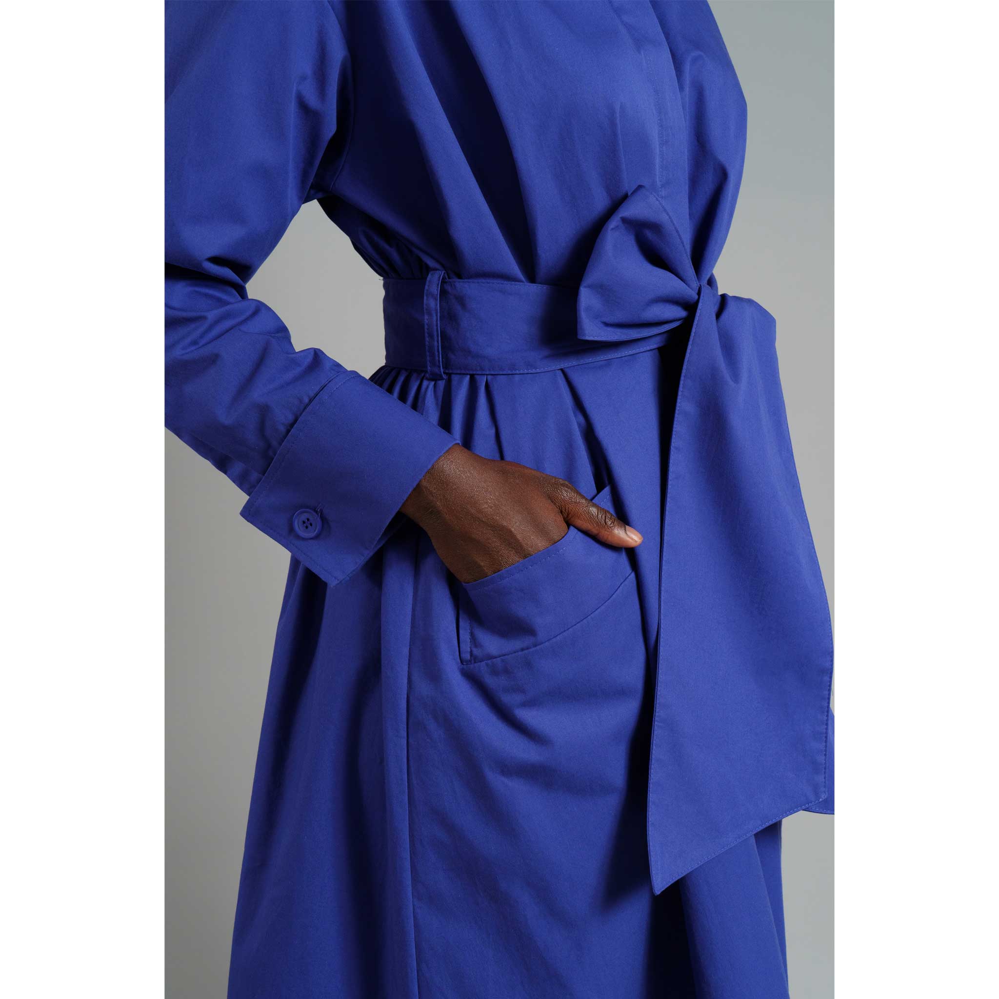 Cotton Belted Maxi Gathered Shirt Dress Vivid Blue
