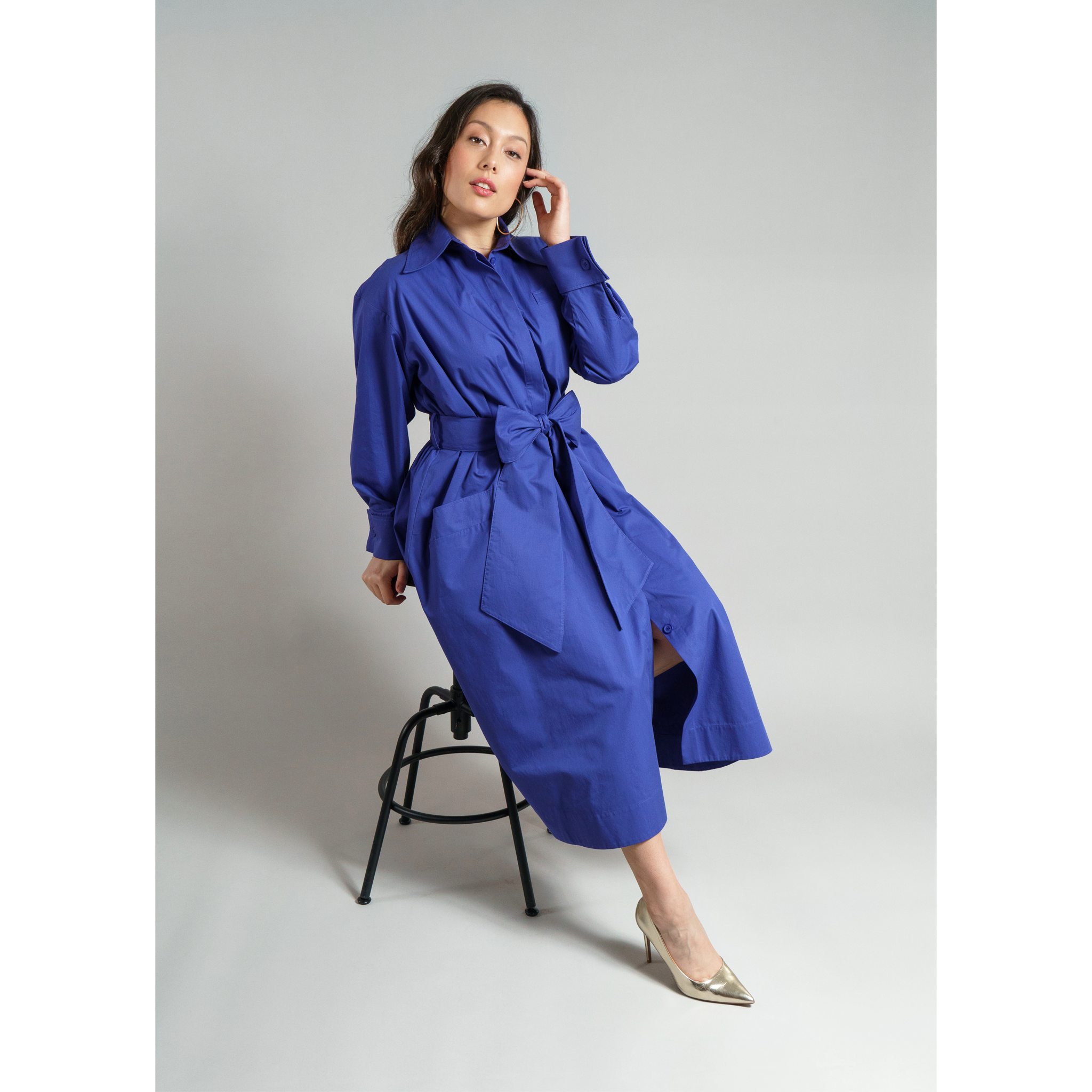 Cotton Belted Maxi Gathered Shirt Dress in Vivid Blue
