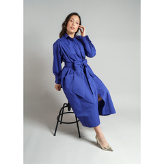 Cotton Belted Maxi Gathered Shirt Dress in Vivid Blue