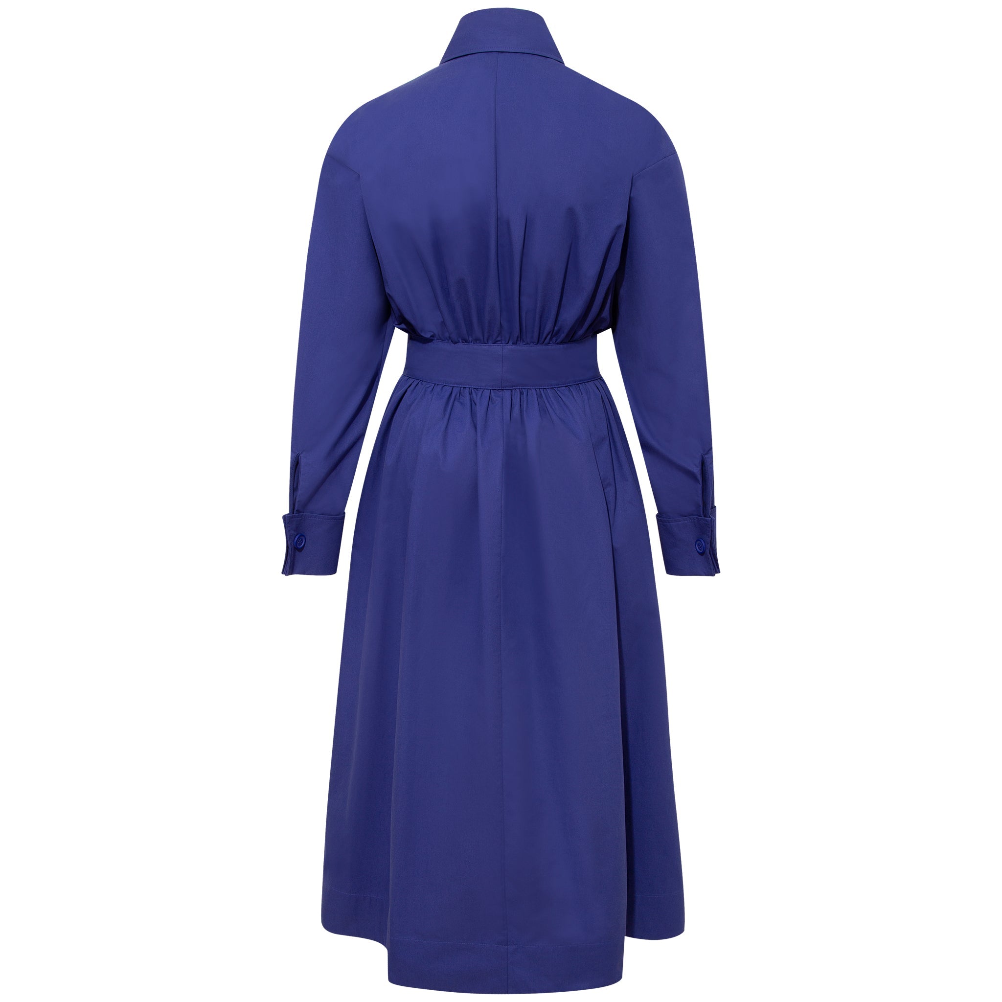 Cotton Belted Maxi Gathered Shirt Dress Vivid Blue - Back Product Picture