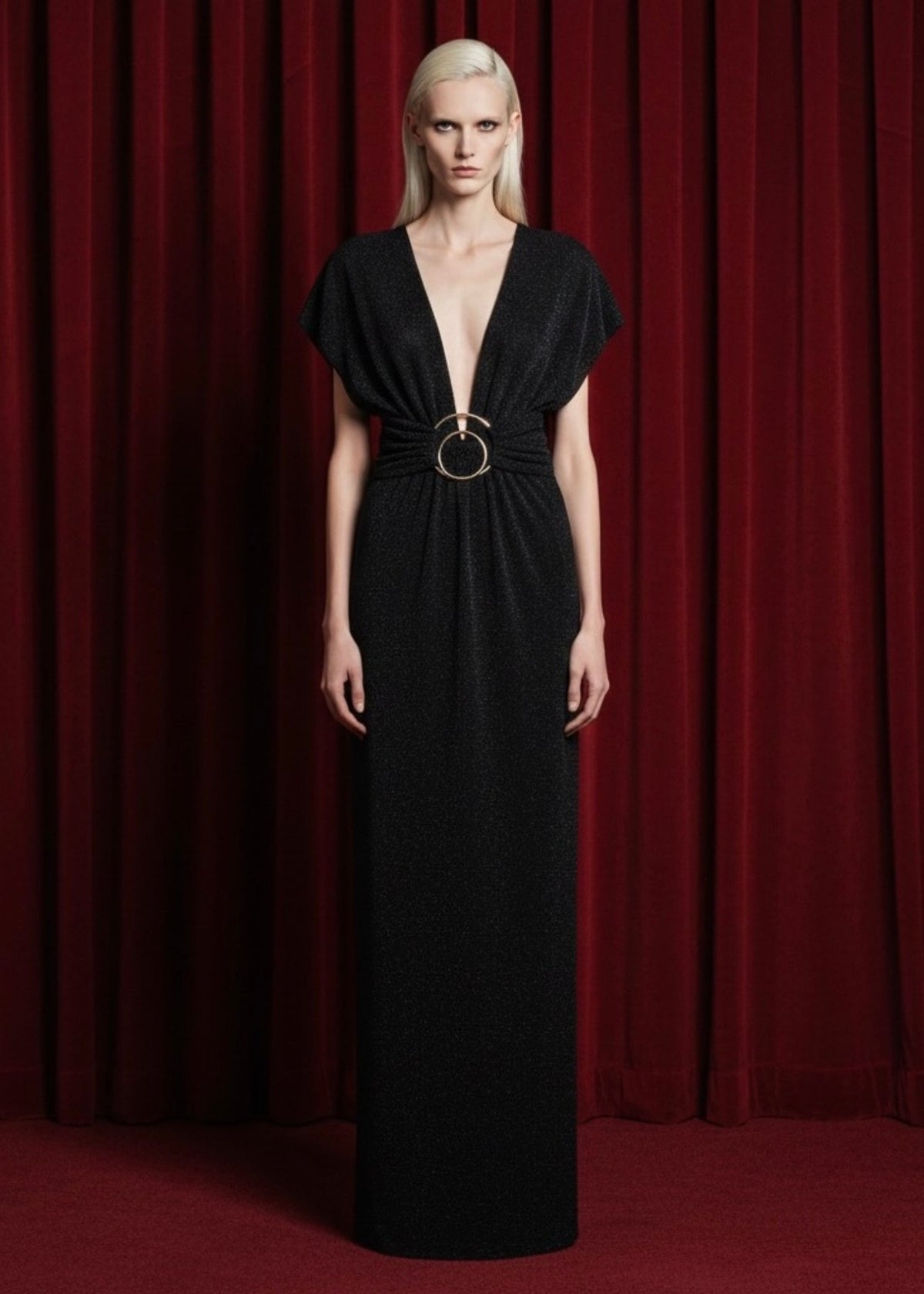 New York Adjustable Glitter Belt Detailed Black Maxi Dress