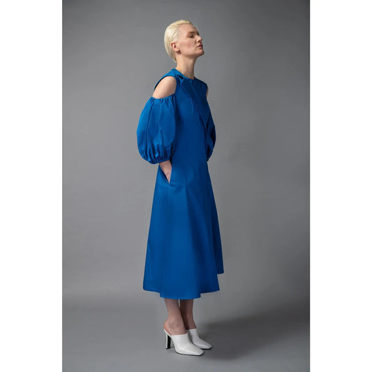 Asymmetric Lapel A-Line Cotton Dress (Sapphire Blue)