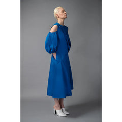 Asymmetric Lapel A-Line Cotton Dress (Sapphire Blue)