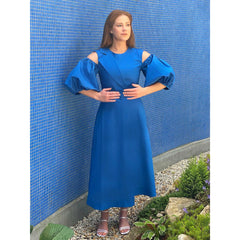 Asymmetric Lapel A-Line Cotton Dress (Sapphire Blue)