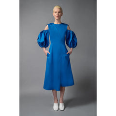 Asymmetric Lapel A-Line Cotton Dress (Sapphire Blue)