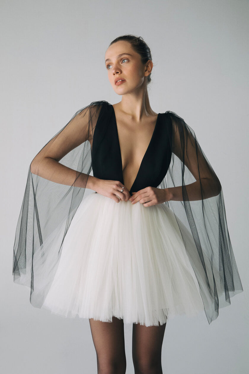 Esra Adıgüzel CERI – Deep V-Neck Mini Dress with Cape Detail