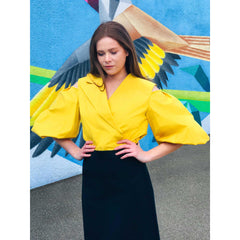 Femponiq Cold Shoulder Puff Sleeve Lapel Top (Golden Yellow)