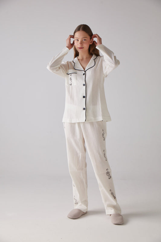 Handarte Los Angeles Nota Desen Beyaz Uzun Pijama Takımı