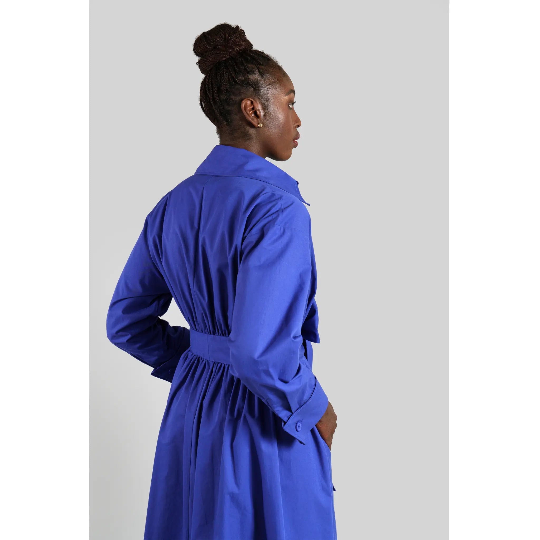 Femponiq London Vivid Blue Gathered Cotton Belted Midi Shirt Dress