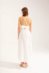 Beyaz Crescent Line Lotus Midi Elbise