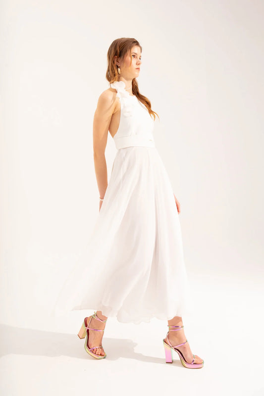 Beyaz Crescent Line Lotus Midi Elbise
