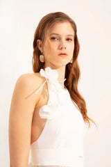 Beyaz Crescent Line Lotus Midi Elbise