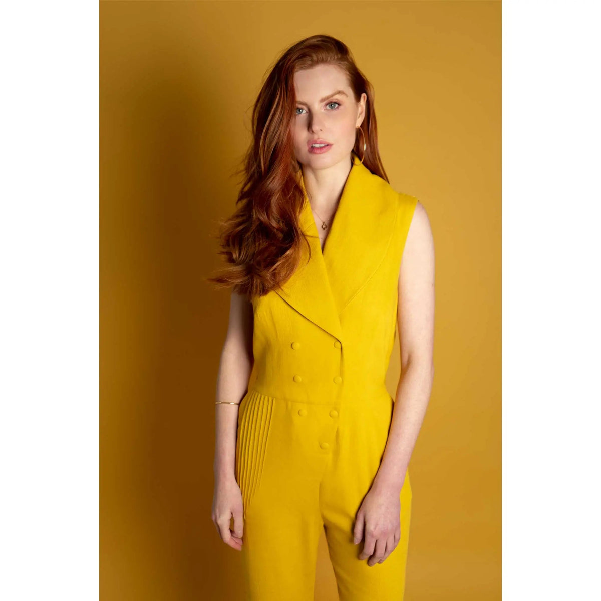 Femponiq Double Breasted Shawl Lapel Jumpsuit (Mustard Yellow)
