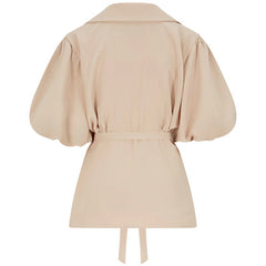 Femponiq Draped Puff Sleeve Tailored Blouse (Beige)