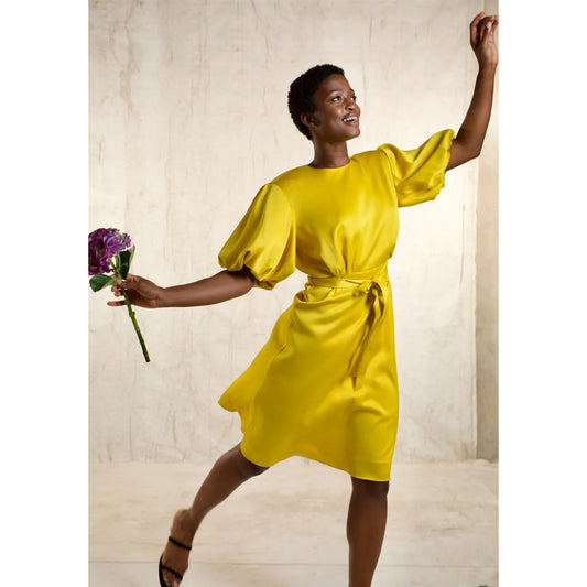 Draped Puff Sleeve Satin Dress (Golden Yellow)