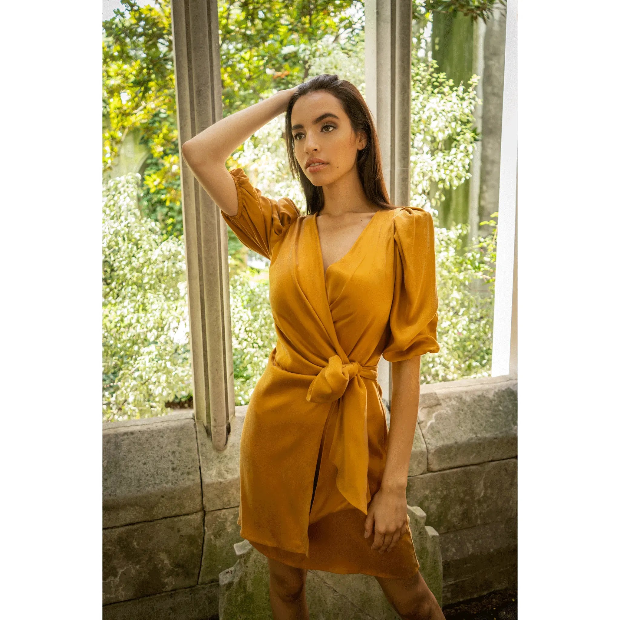 Femponiq Draped Vegan-Cupro Wrap Dress (Burnt Orange)