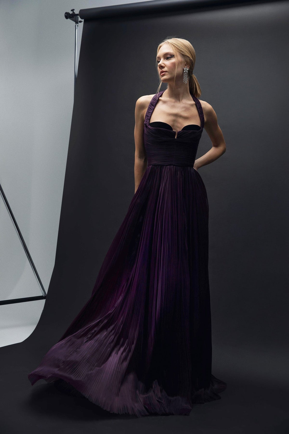 Esra Adıgüzel Tita – Purple Halter Neck Long Dress with Drape Detail