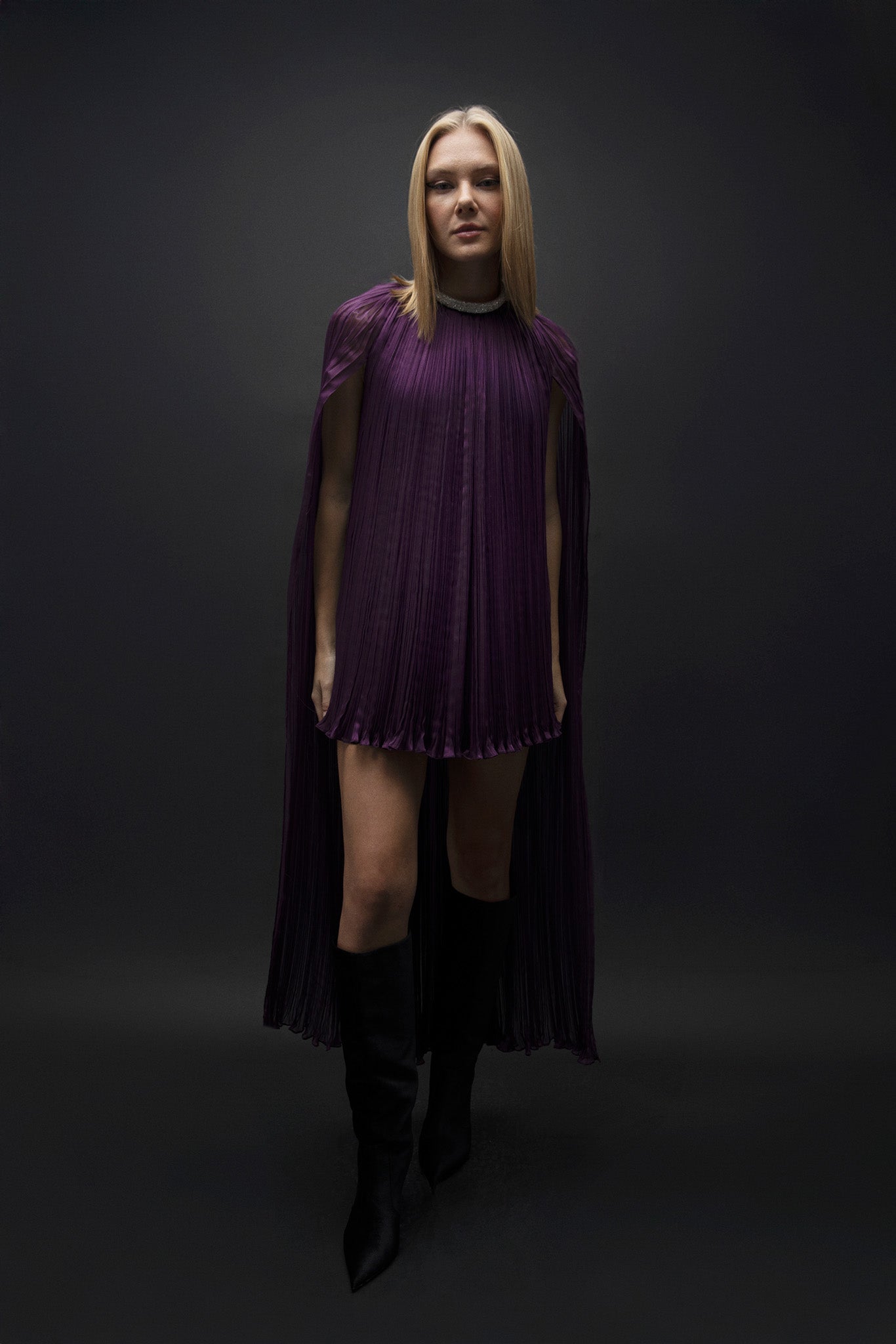 Esra Adıgüzel Verei – Mini Draped Dress with Purple Cape Detail