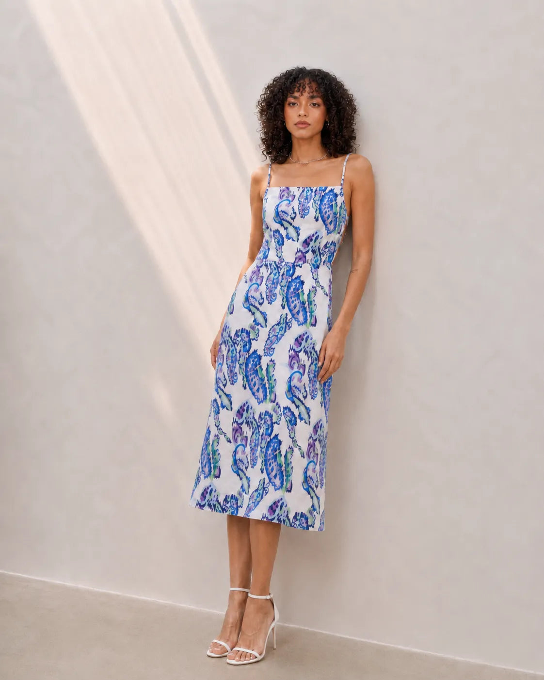 Eloshé Azure Paisley 100% Linen Strappy Midi Dress JEDSSM106