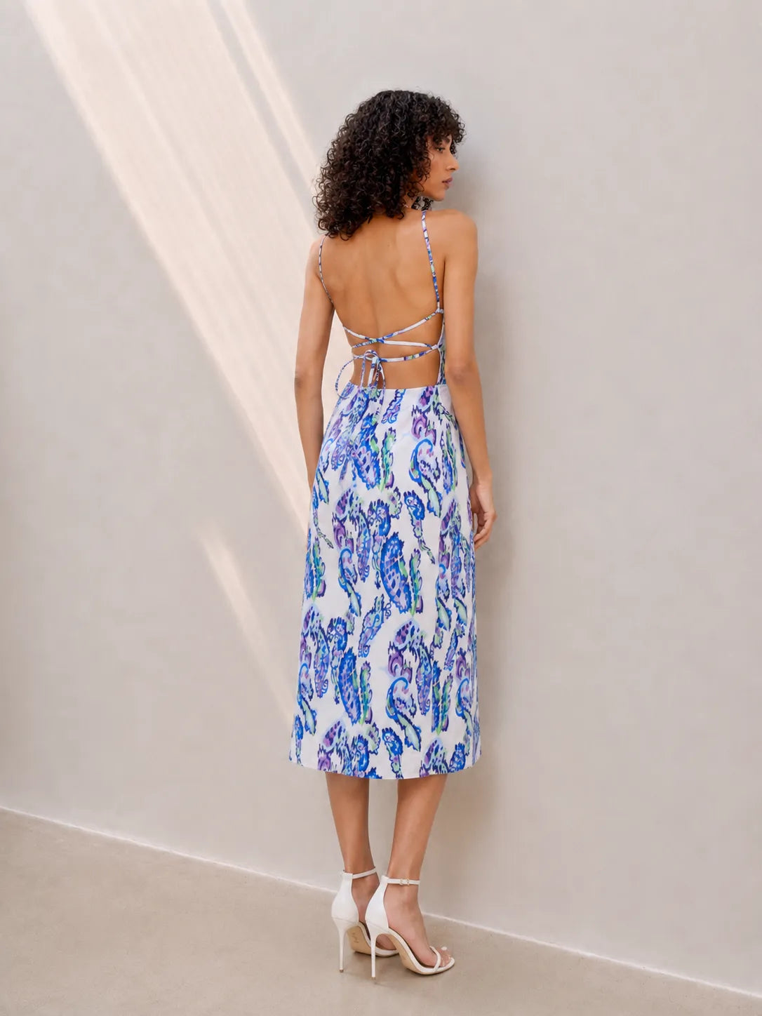 Eloshé Azure Paisley 100% Linen Strappy Midi Dress JEDSSM106