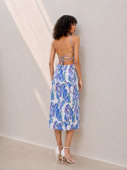 Eloshé Azure Paisley 100% Linen Strappy Midi Dress JEDSSM106