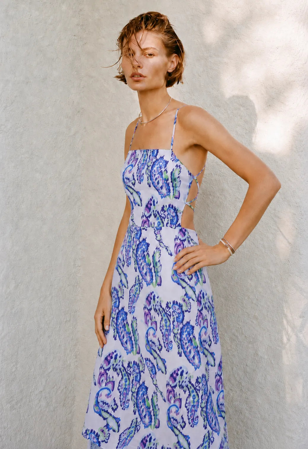 Eloshé Azure Paisley 100% Linen Strappy Midi Dress JEDSSM106