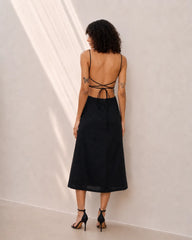 Eloshé Siyah Midi Linen Elbise with Back Decollete JEDSSM108