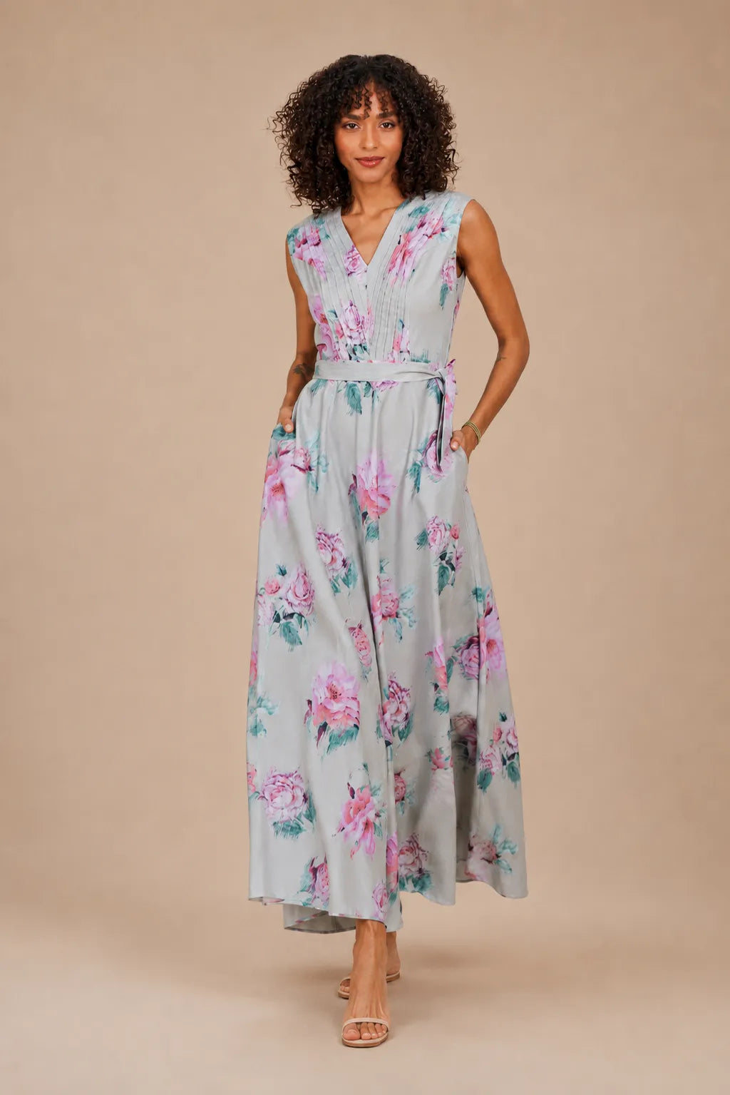 Eloshé Floral Print V-Neck Maxi Elbise with Belt FEDSSM101