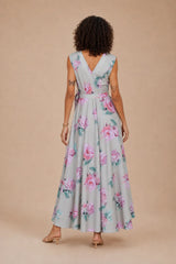 Eloshé Floral Print V-Neck Maxi Elbise with Belt FEDSSM101