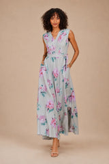 Eloshé Floral Print V-Neck Maxi Elbise with Belt FEDSSM101