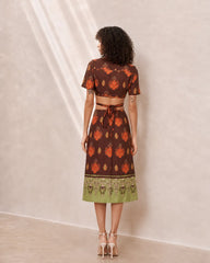 Eloshé Kahverengi Lace-up Crop Gömlek ve Midi Etek REDSSM101