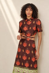 Eloshé Kahverengi Lace-up Crop Gömlek ve Midi Etek REDSSM101