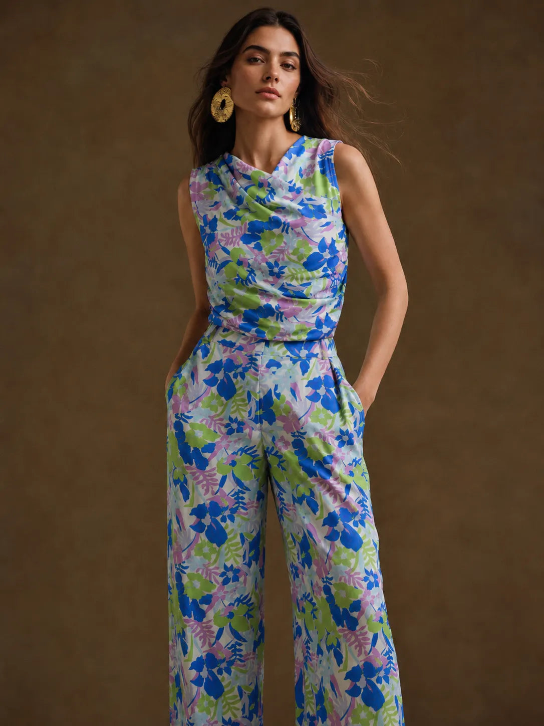 Eloshé Azure Bloom Patterned Blouse and Pants Set