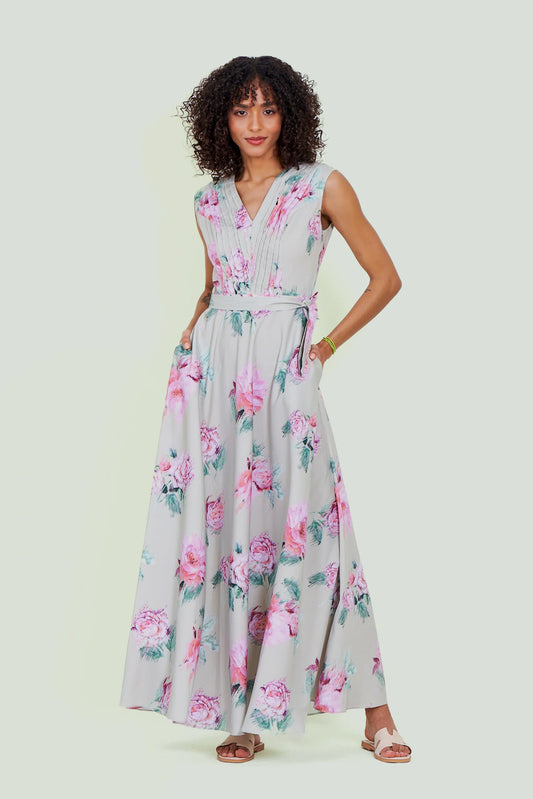 Eloshé Floral Print V-Neck Maxi Dress with Belt FEDSSM101