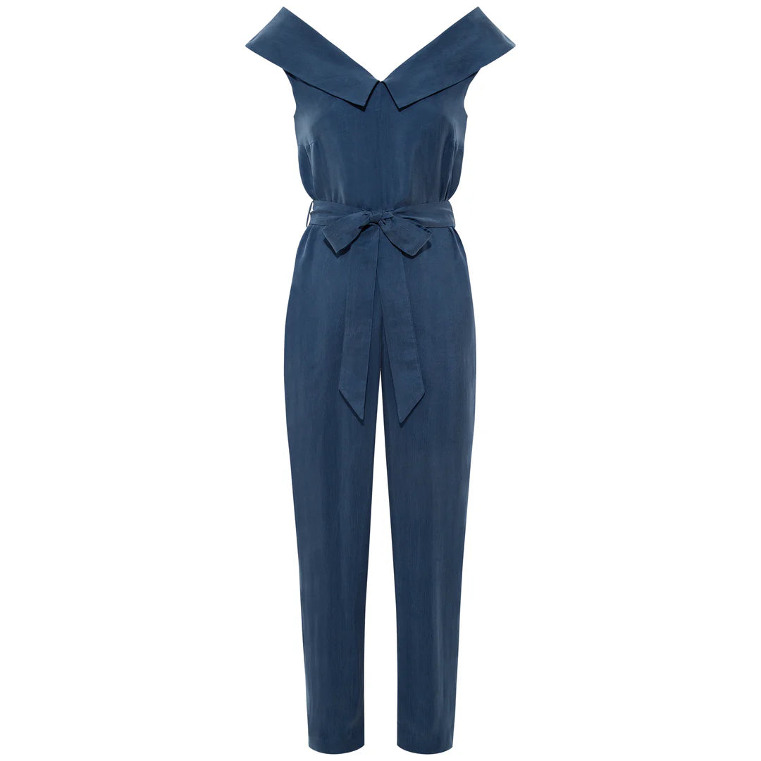 Femponiq Off Shoulder Belted Vegan Jumpsuit (Dark Denim Blue)