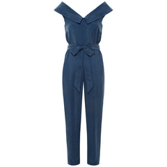 Femponiq Off Shoulder Belted Vegan Jumpsuit (Dark Denim Blue)